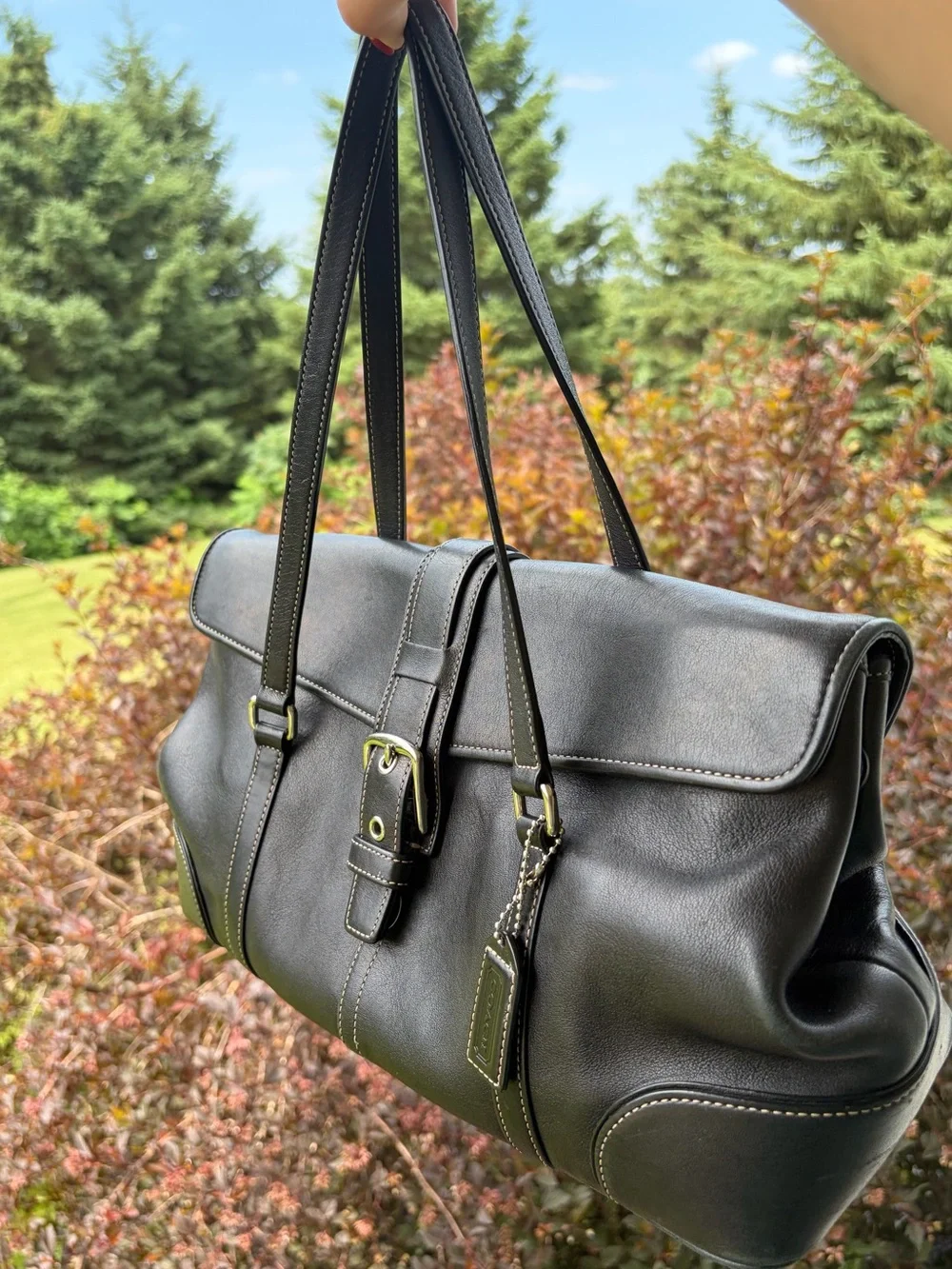 Coach black leather Hamptons flap satchel shoulder bag purse model 9267 silver